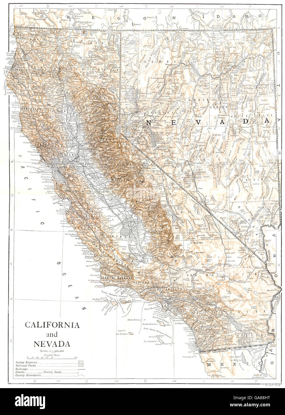 CALIFORNIA Y NEVADA: Estado mapa de condados, 1910 Foto de stock