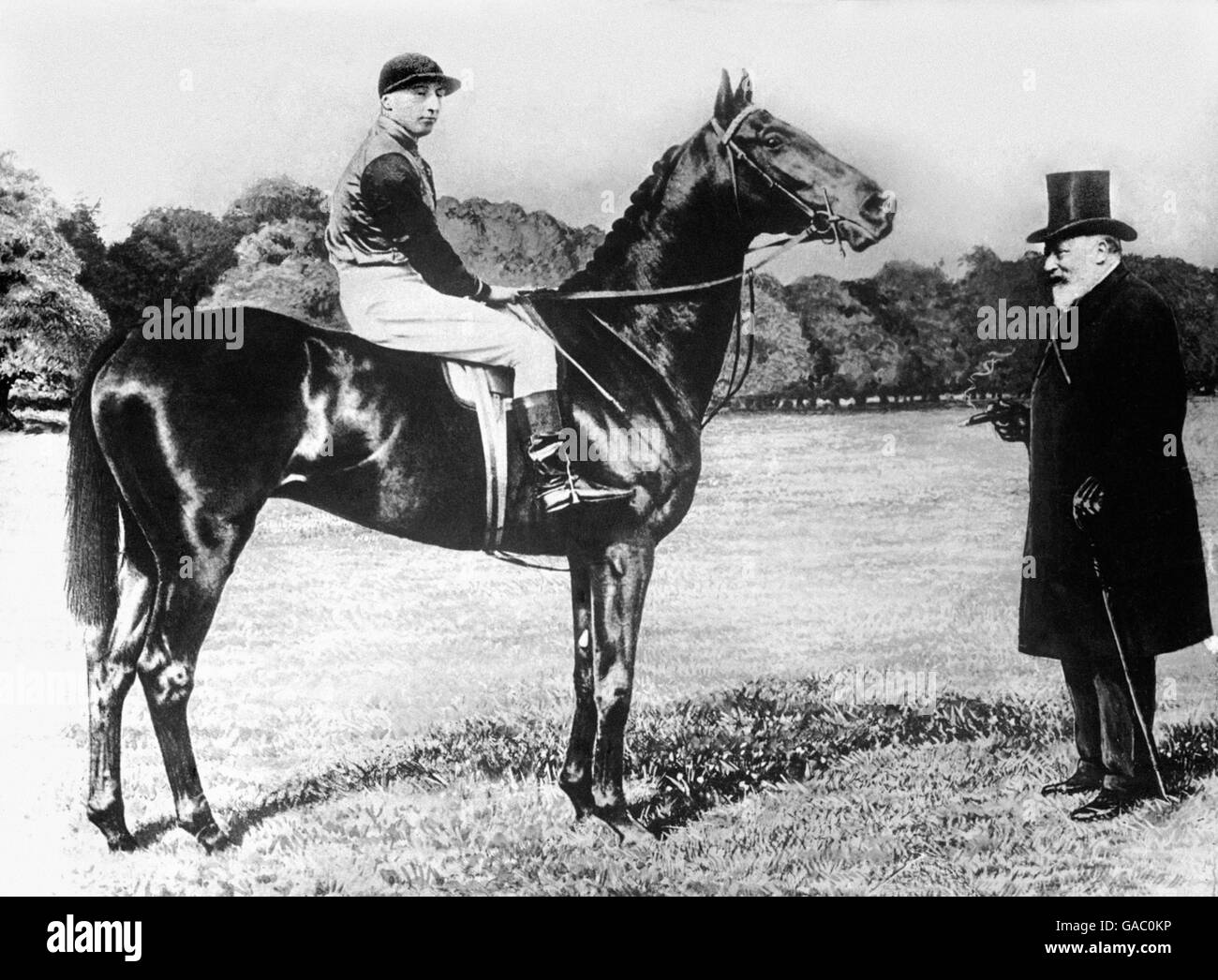 Rey Eduardo VII con su caballo Minoru, el ganador de 1909 Derby Stakes Foto de stock