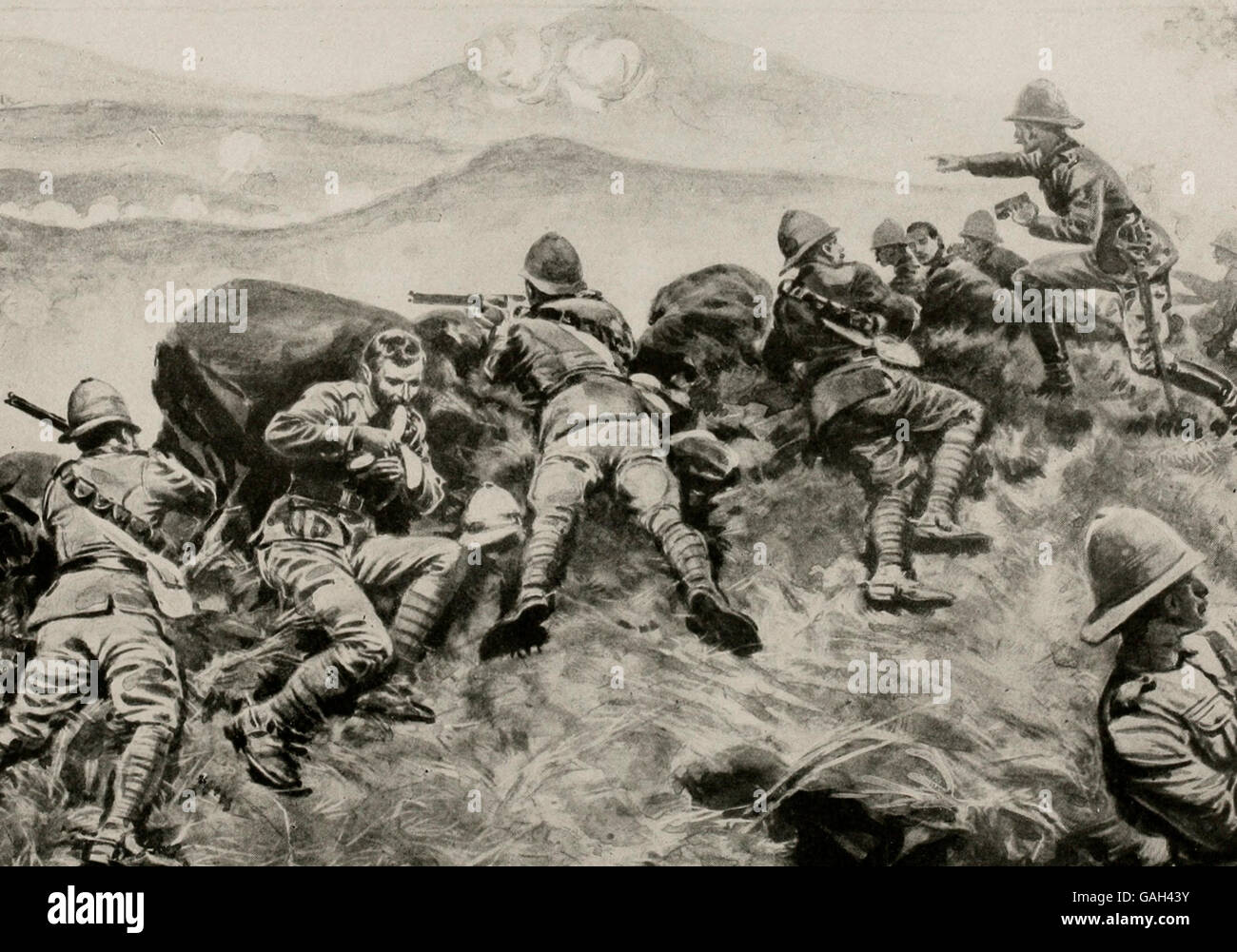 Británicos y alemanes combatiendo en África. Una lucha desesperada, en las cercanías del Monte Kilimanjaro en el África Oriental Británica durante la Primera Guerra Mundial Foto de stock
