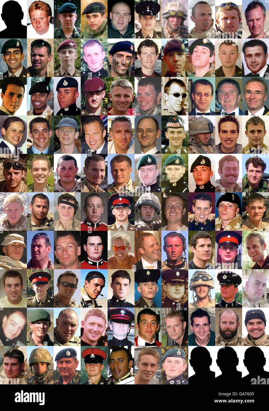 La leyenda completa de esta foto se transmitirá como una historia en el servicio de noticias de PA. Imagen compuesta de los 100 militares británicos muertos durante el conflicto en Afganistán. ... !00 militares muertos en Afganistán ... 08-06-2008 ... Londres ... REINO UNIDO ... Foto de stock