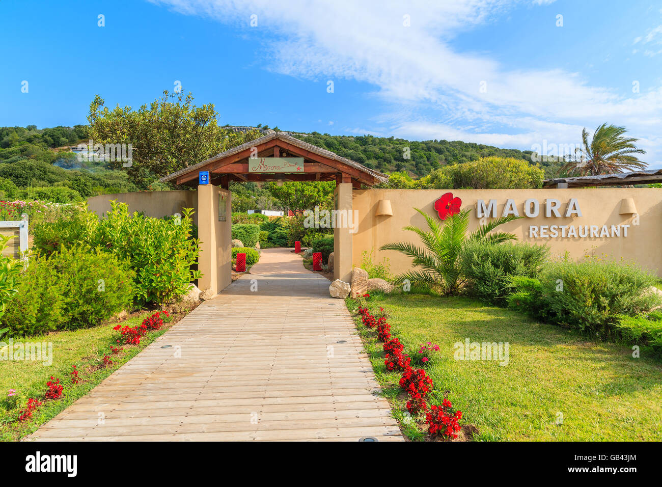 La isla de Córcega, Francia - 23 Jun, 2015: puerta de entrada al restaurante de Santa Manza beach, que está situado en la parte sur de CDR Foto de stock