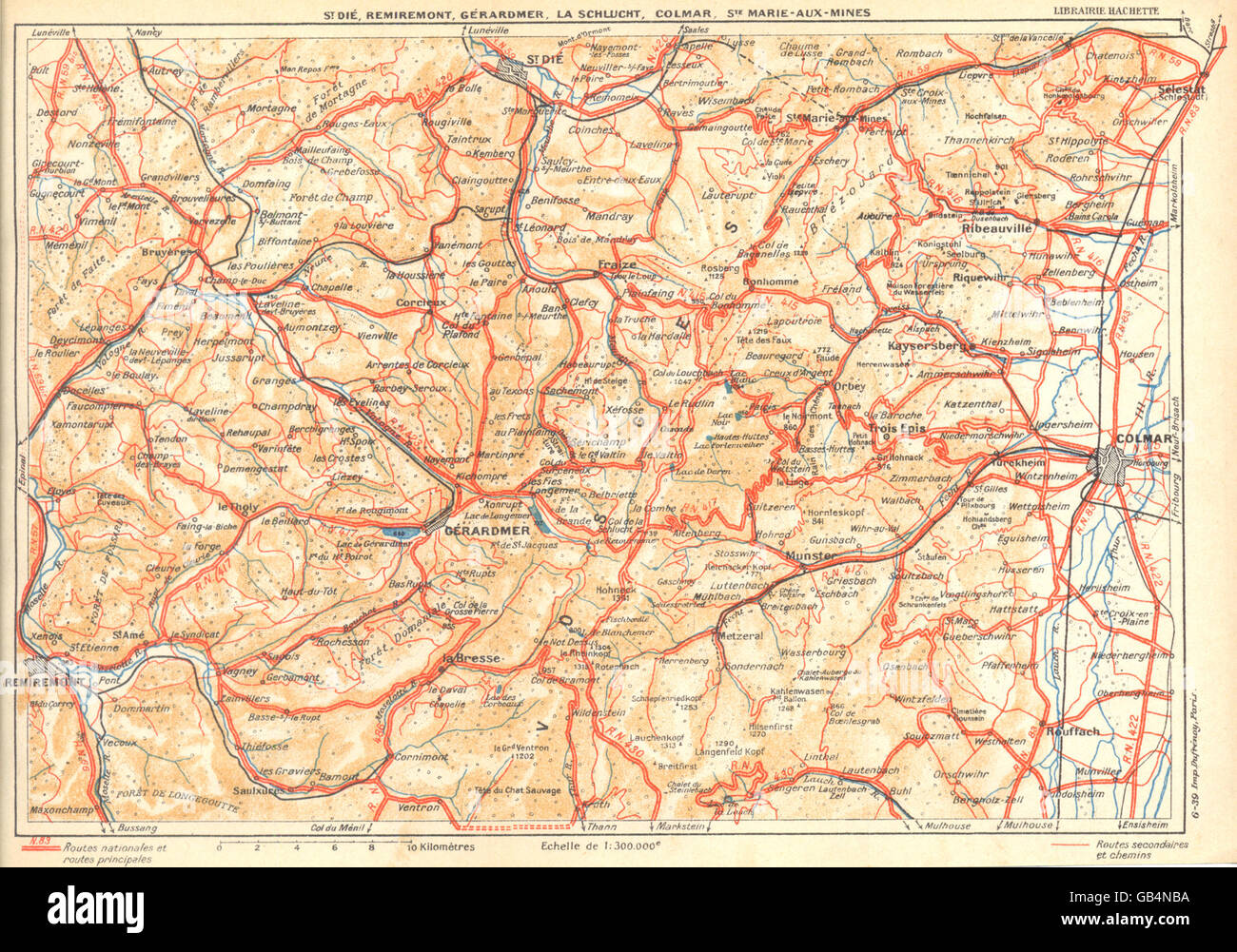 VOSGES:San Dié,Remiremont,Gérardmer,Schlucht,Colmar,Ste Marie--Mines, 1939 mapa Foto de stock