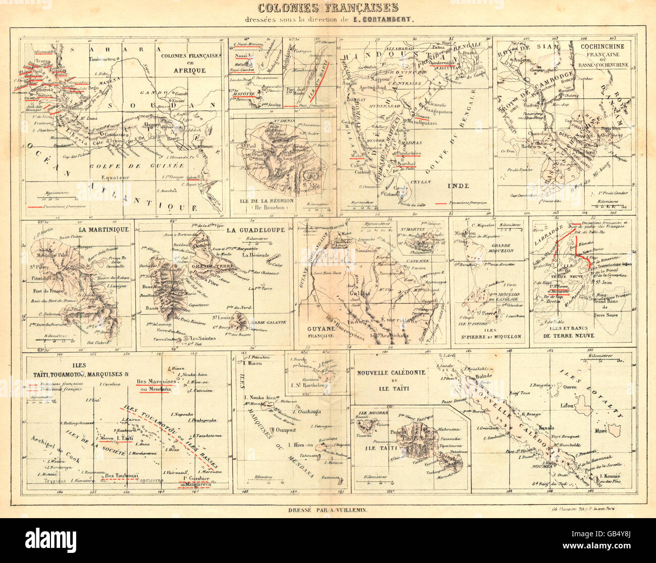 Las colonias francesas: Afrique Réunion Cochinchina Polynesie Madagascar, 1880 mapa Foto de stock