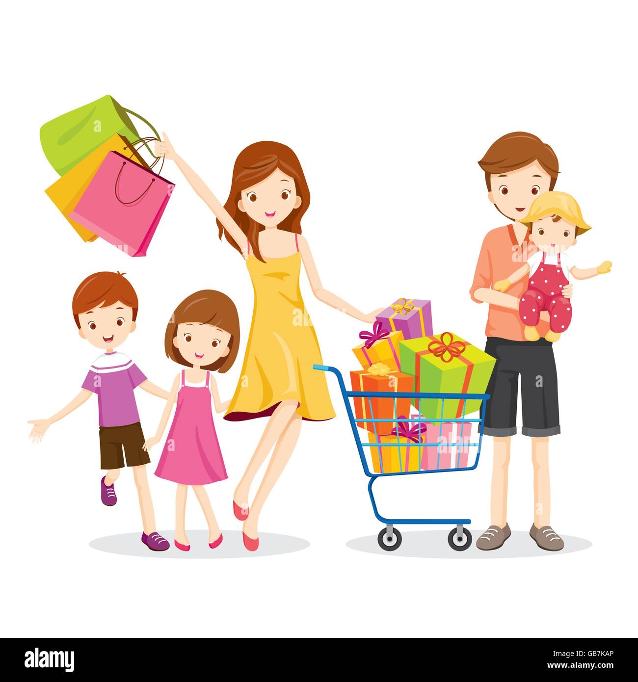Familia de compras y caja de regalo en Compras, bienes, celebración