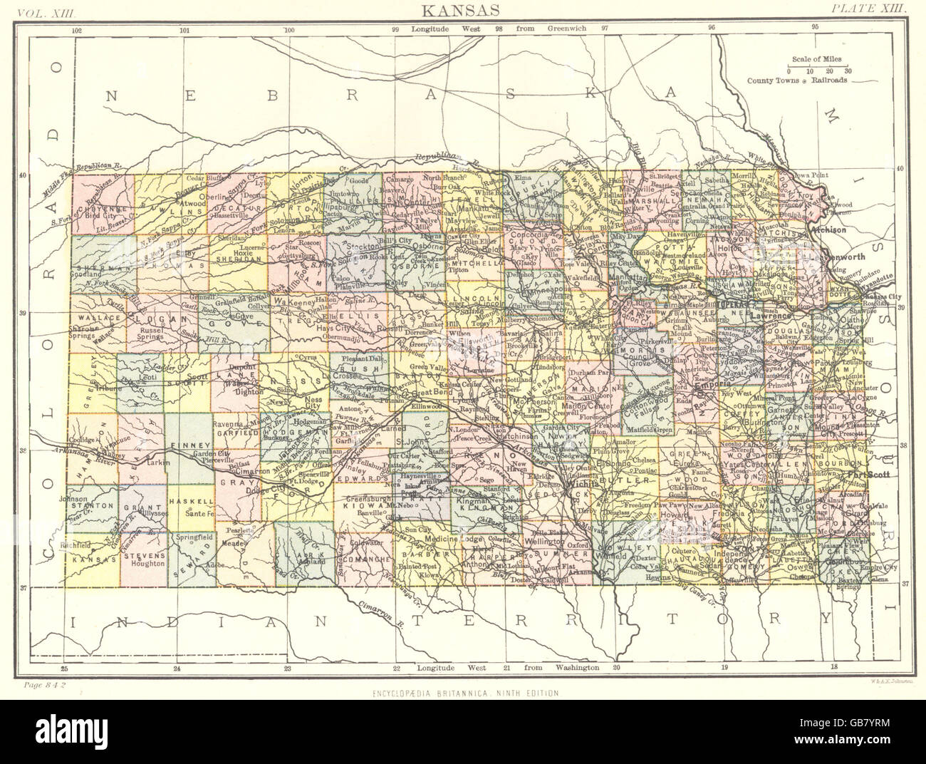 Estado de Kansas mapa de condados. La novena edición de la Britannica