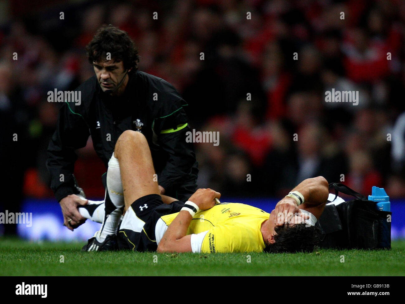 James Hook, de Gales, es tratado por el fisio Mark Davies durante el partido internacional en el Millennium Stadium, Cardiff. Foto de stock