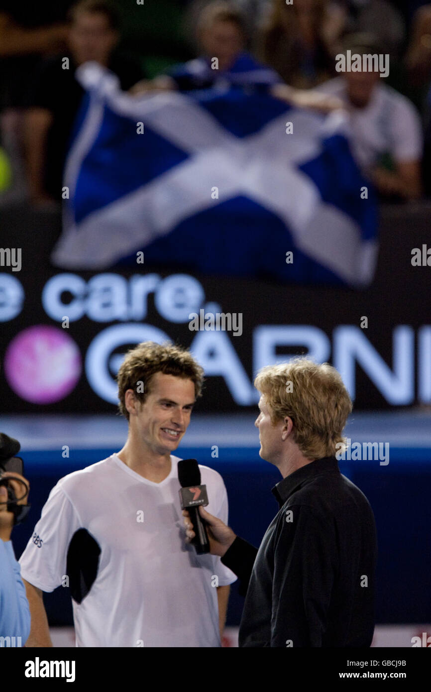 Andy Murray se afilia durante el Abierto de Australia 2009 en Melbourne Park, Melbourne, Australia. Foto de stock