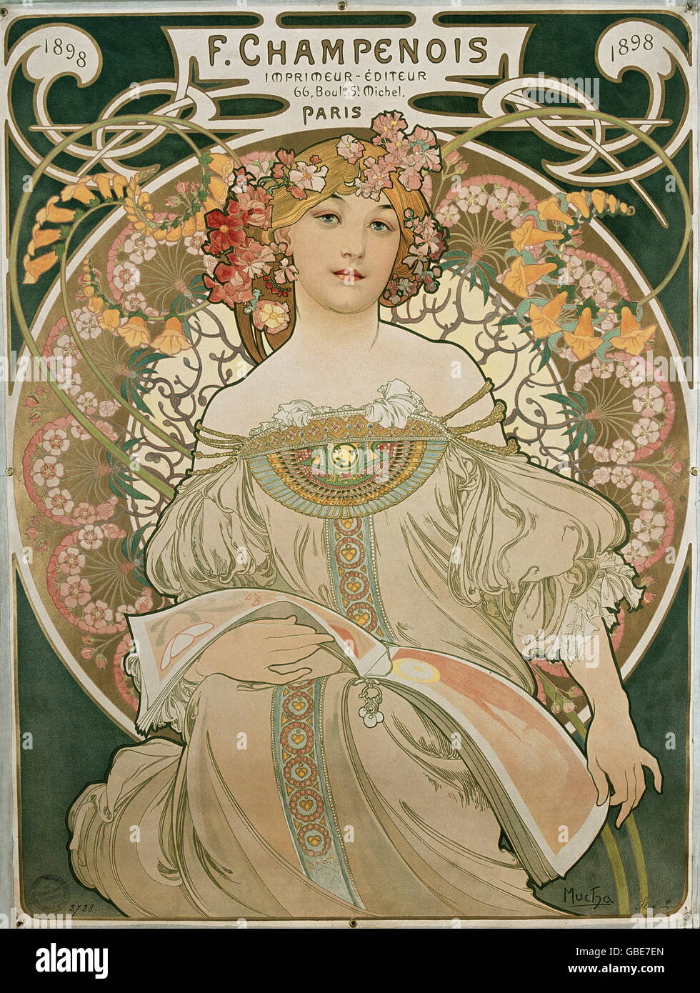 Bellas artes, Mucha, Alphonse (24.8.1860 - 14.7.1939), litografía coloreada, 'fantasía' de 1897, Foto de stock