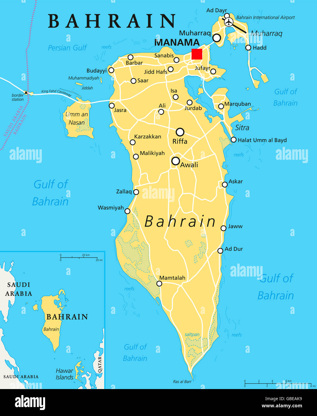 Bahrein mapa político con la capital, Manama. País de la isla, el archipiélago y el Reino cerca de la orilla occidental del Golfo Pérsico. Foto de stock