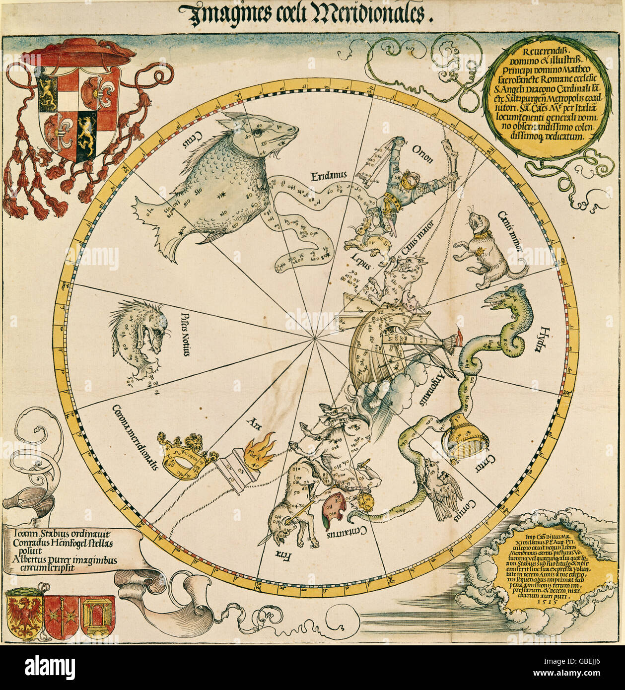 La astronomía, las constelaciones, sur de esfera celeste con el escudo de armas del arzobispo de Salzburgo, grabado en cobre, coloreado por Albrecht Duerer (1471 - 1528), de 1515, la colección estatal de gráfica, Munich, Copyright del artista no ha de ser borrado Foto de stock