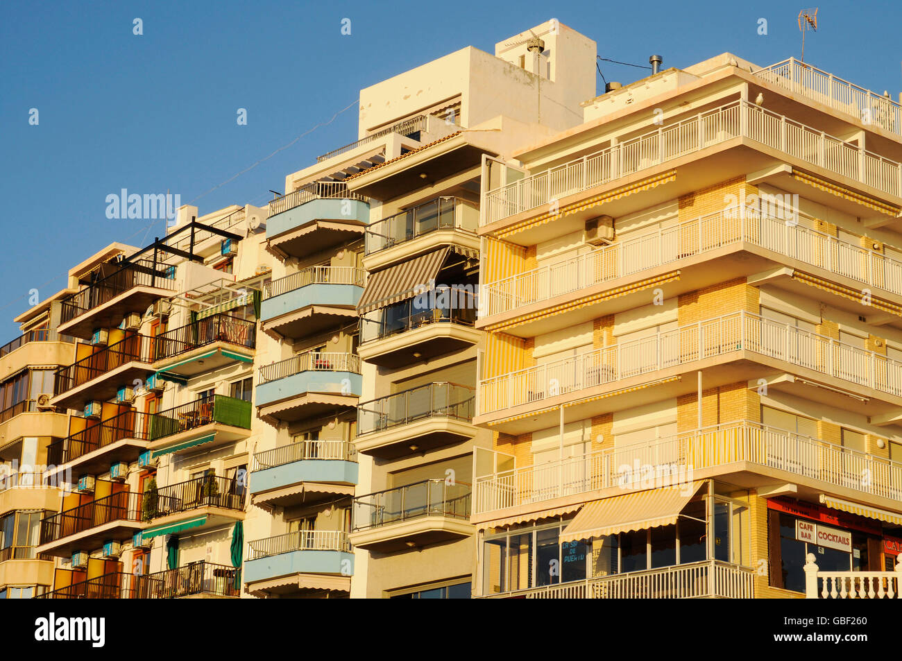 Casa de fachadas, edificios de gran altura, luz del atardecer, Benidorm, Costa Blanca, en la provincia de Alicante, España, Europa Foto de stock