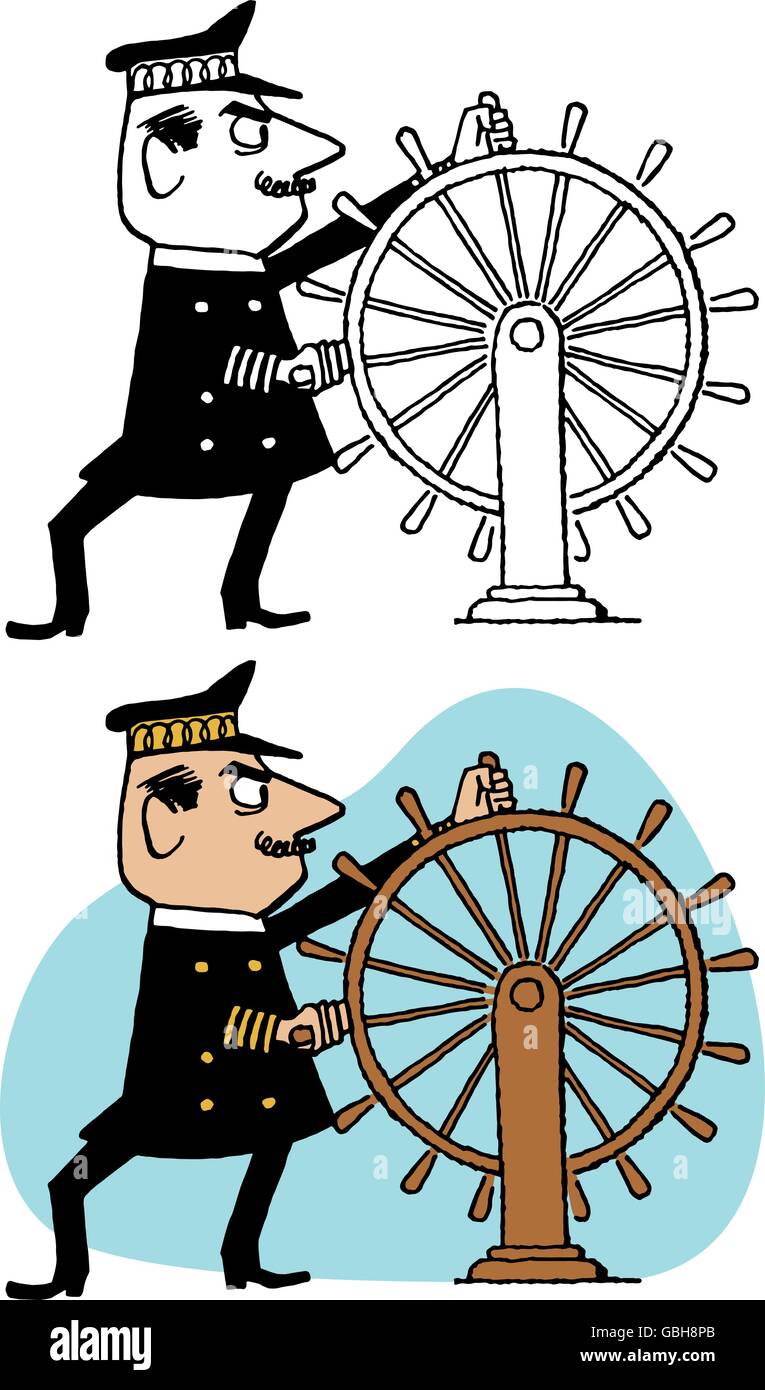 Un capitán de mar dirige su barco con una gran rueda de madera. Ilustración del Vector