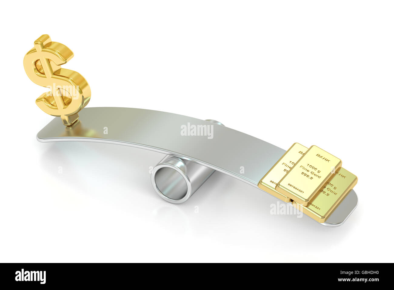 Concepto de equilibrio, el oro y el dólar. 3D rendering aislado sobre fondo blanco. Foto de stock