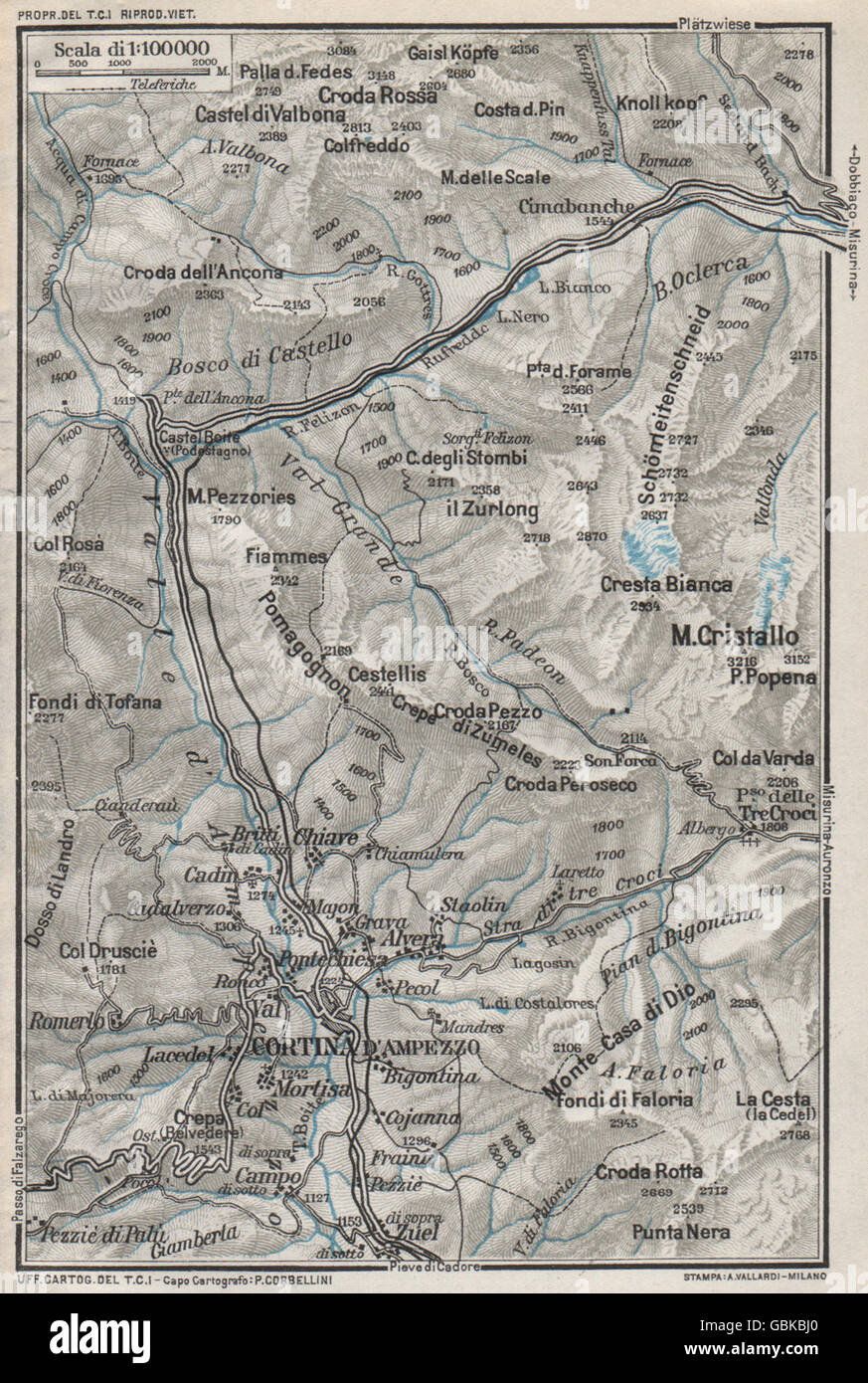 Cortina D Ampezzo Y Alrededores Vintage Mapa Topo Plan Dolomitas Italia 1924 Gbkbj0 