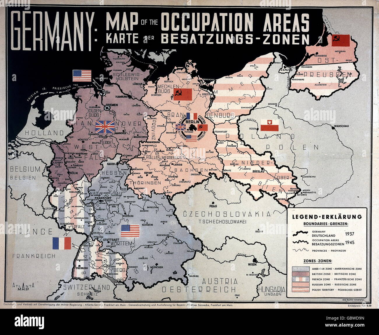 Período de posguerra, Alemania, ocupación aliada, mapa de las zonas de ocupación, 1945, Derechos adicionales-Clearencias-no disponible Foto de stock