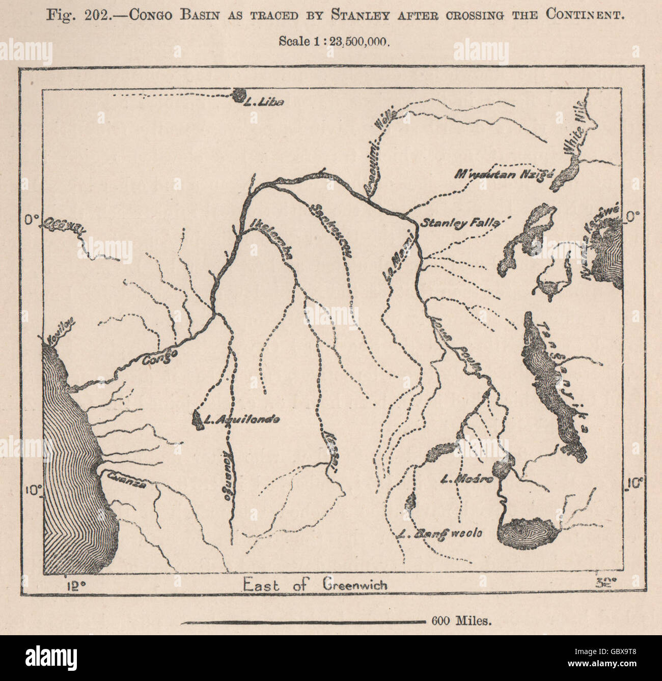 Cuenca del Congo como trazada por Stanley, después de cruzar el continente, 1885 viejo mapa Foto de stock
