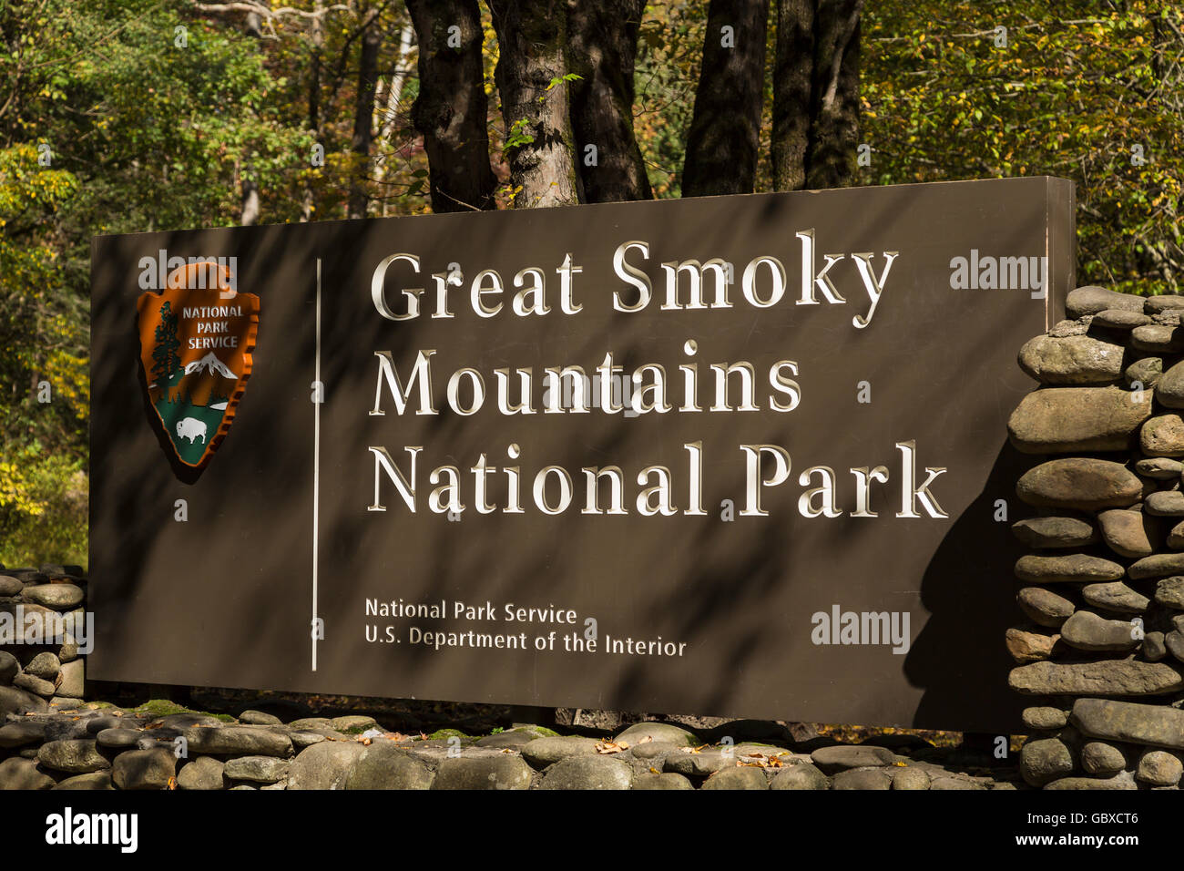 Señal de entrada al Parque Nacional Great Smoky Mountains National Park, NC, EE.UU. Foto de stock