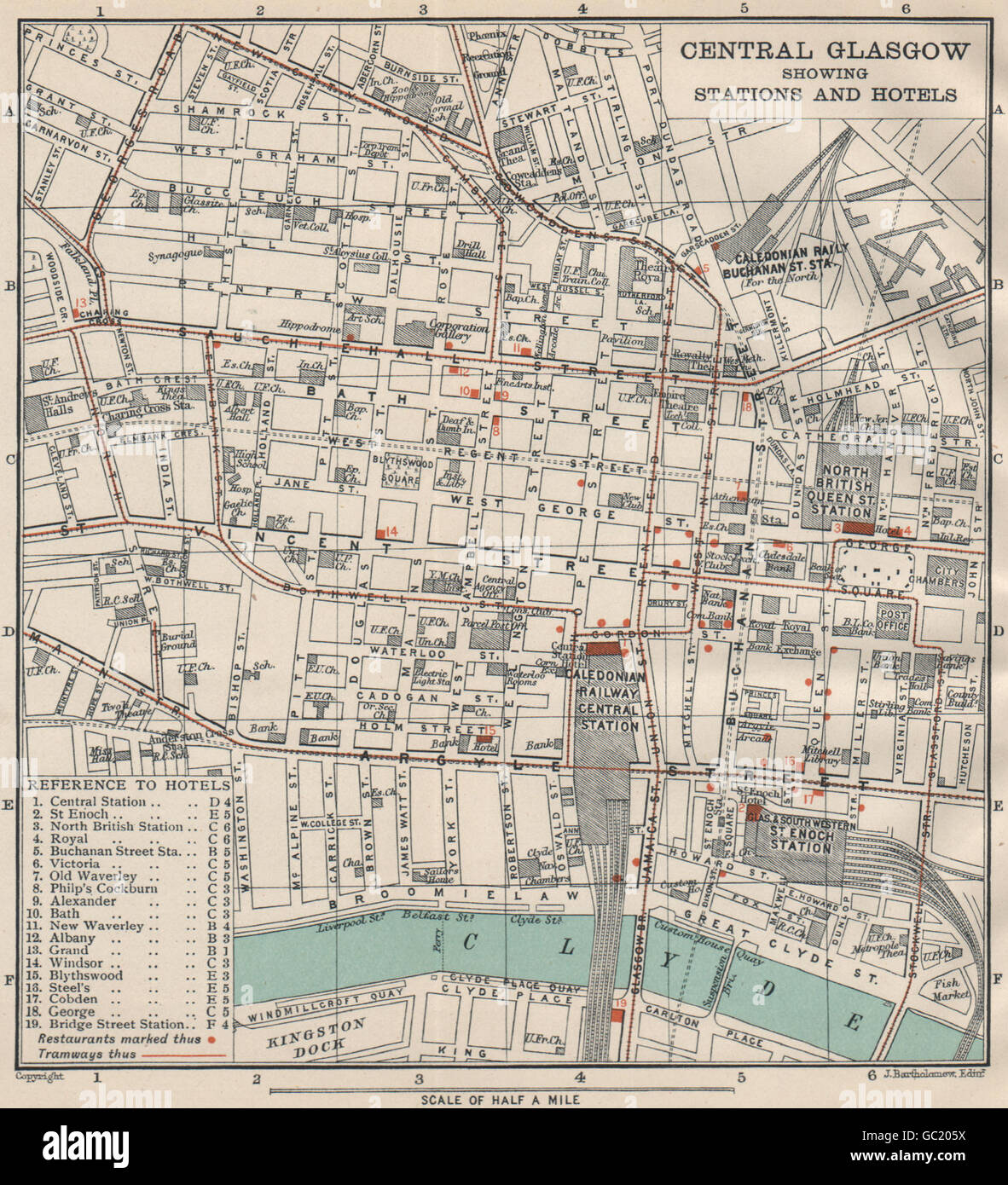 GLASGOW CENTRAL Estaciones y hoteles. St Enoch Royal Bath Hotel Albany Grand &c, 1908 mapa Foto de stock