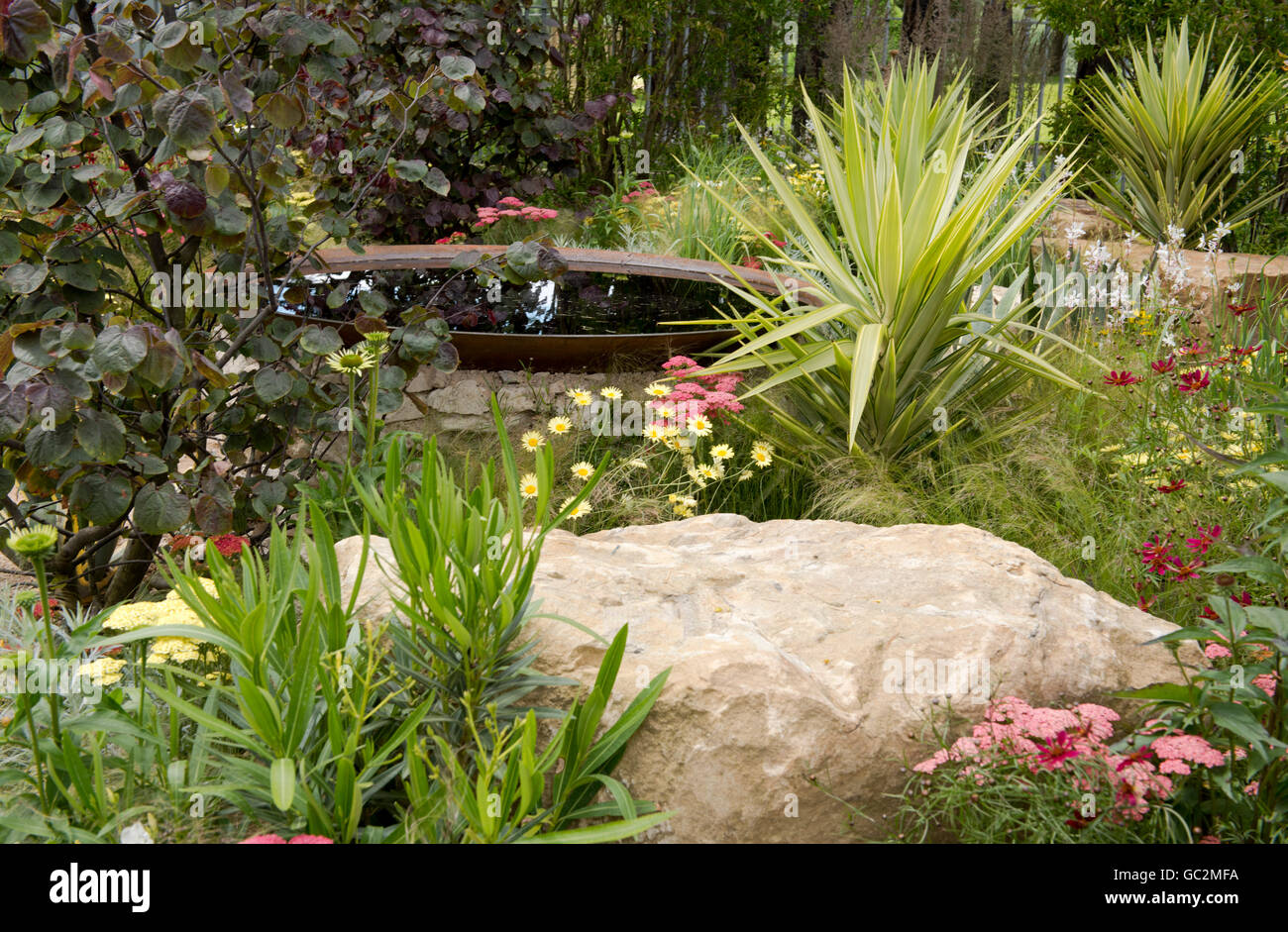 "Austin en flor" es uno de los magníficos jardines de los EE.UU. en el Hampton Court Palace Flower Show 2016 Foto de stock