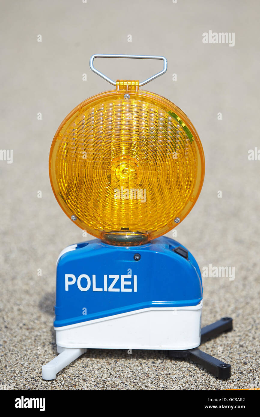 Luz de advertencia de la policía sobre la autopista Highway, Koblenz, Renania-Palatinado, Alemania Foto de stock