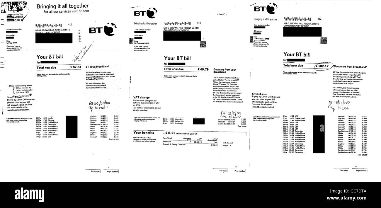 Imagen compuesta de las páginas de las facturas de teléfono presentadas como parte de las reclamaciones del primer Ministro Gordon Brown por la prestación de gastos adicionales que se publicaron hoy en el sitio web del Parlamento. Foto de stock
