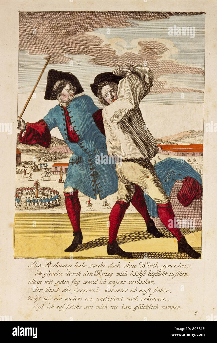 Justicia militar, fustigation, flagelación de un soldado, grabado de