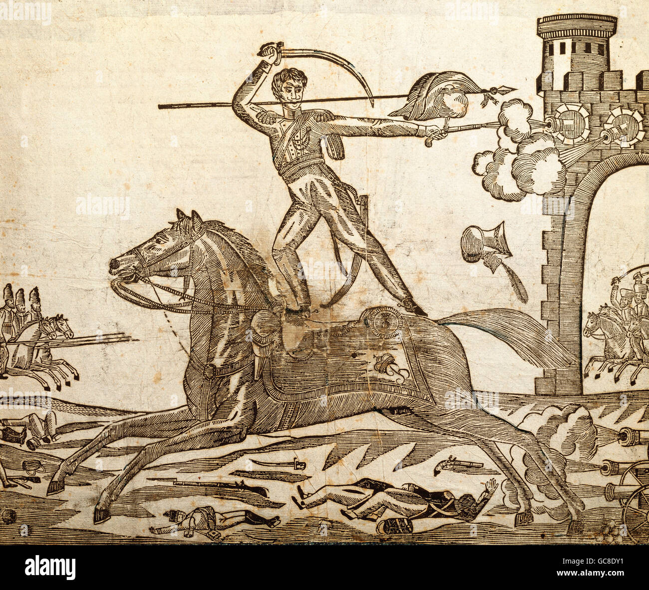 Eventos, guerras napoleónicas, la vida guardias casar disparar con una pistola en el hocico de un cañón, grabado de madera, Francia, 1800/1815, Derechos adicionales-Clearences-no disponible Foto de stock