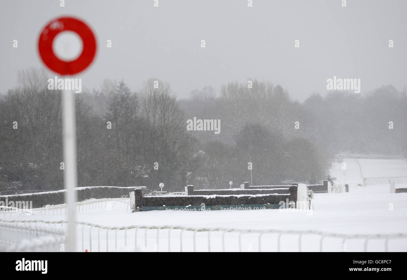 Carreras de caballos - Hipódromo de Lingfield. Vista general del hipódromo de Lingfield en la nieve Foto de stock