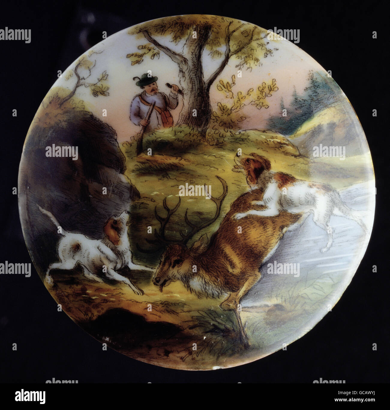 Bellas artes, pintura, tapa de la jarra de cerveza pintadas, transferencia  litografía, coloreado, cazador con dos perros persiguiendo a los ciervos,  en Alemania, en la segunda mitad del siglo xix Fotografía de