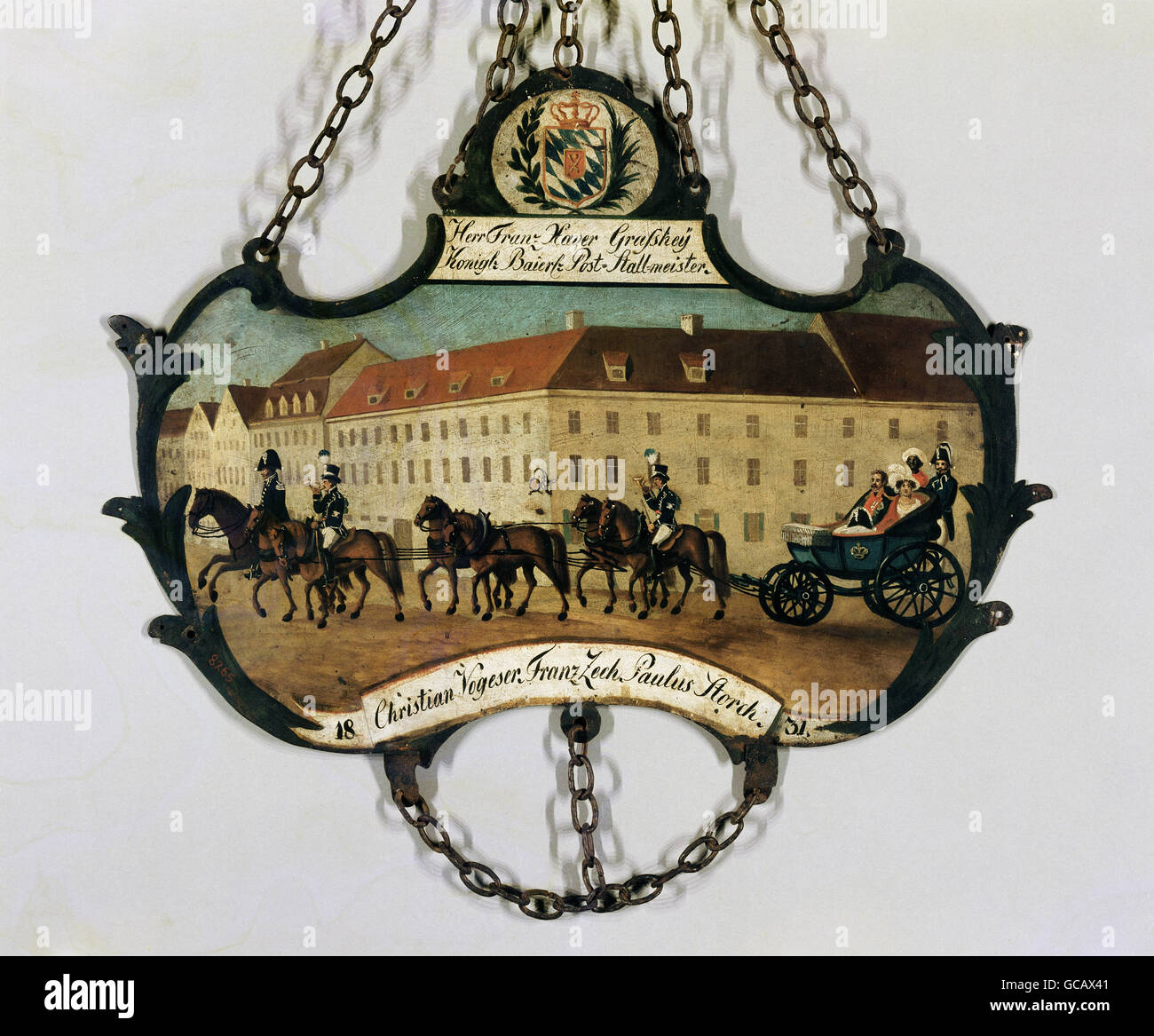 Correo / correo, diligencia, signo de Royal Bavarian Mail Equerry Franz Xaver Grosshej, pintado de hierro forjado, frente, 1831, Derechos adicionales-Clearences-no disponible Foto de stock