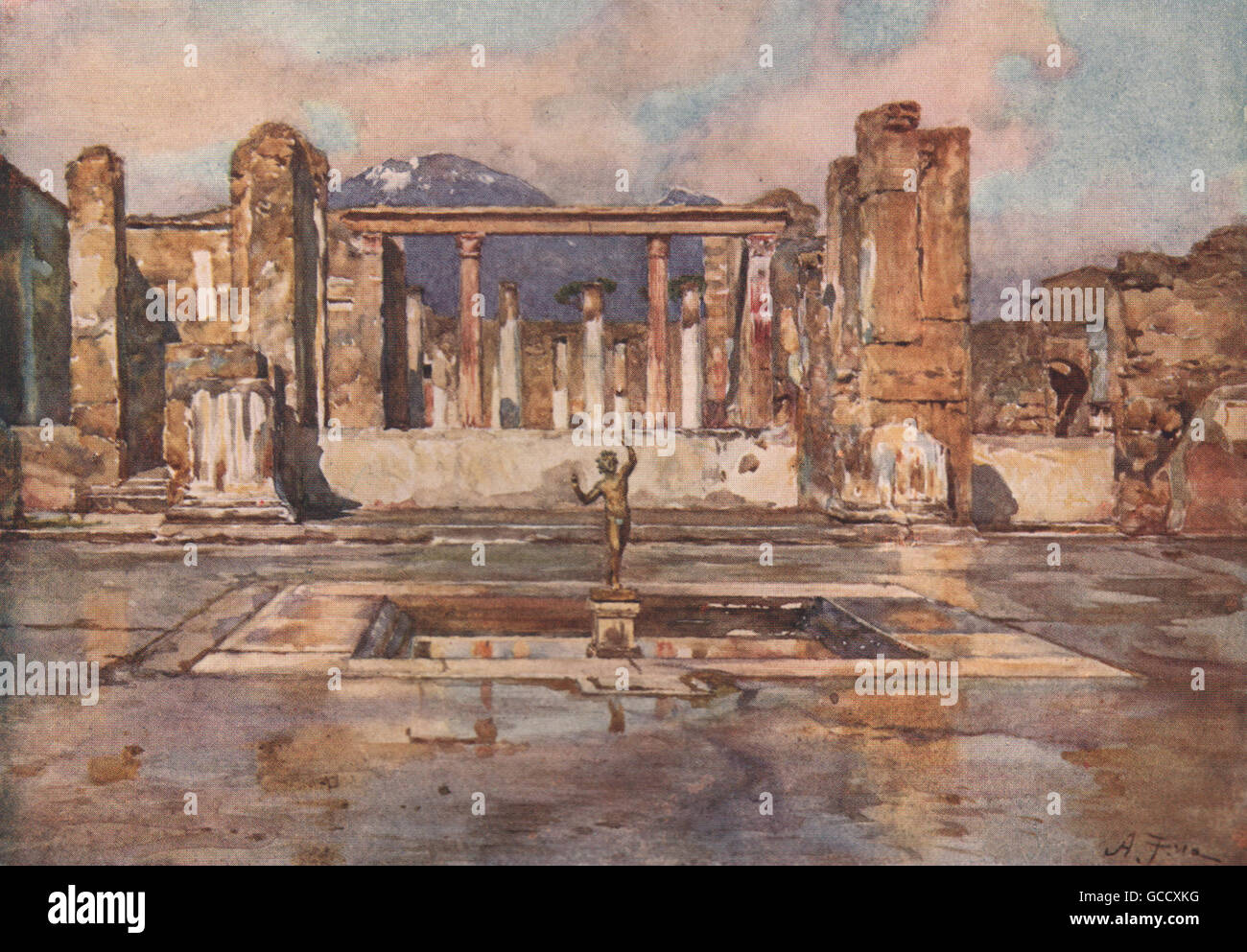 Pompeya. La Casa del Fauno. Por Alberto Pisa, grabado antiguo 1910 Foto de stock