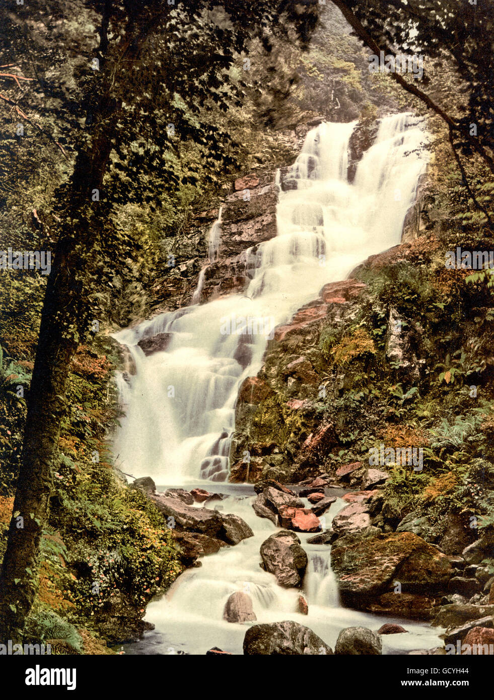 Cascada Torc, Killarney. El condado de Kerry, Irlanda, corca 1900 Foto de stock