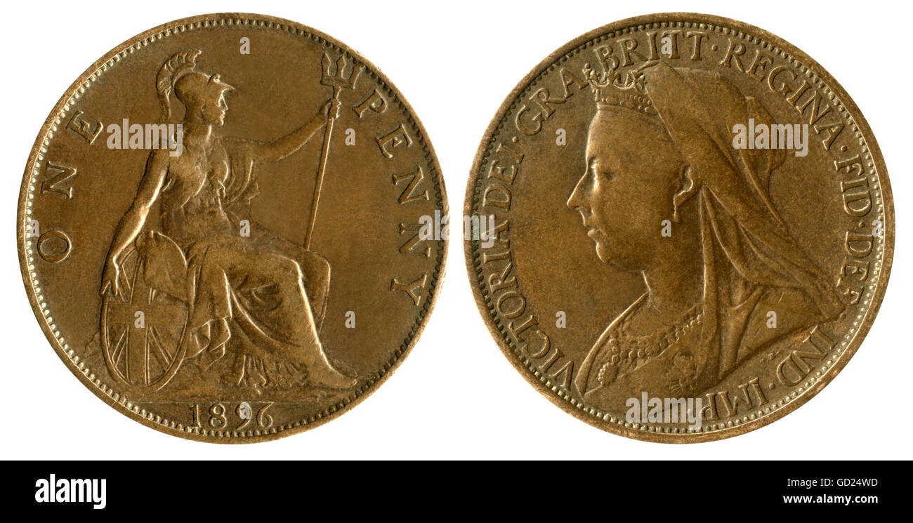 Dinero / finanzas, monedas, Gran Bretaña, una moneda de un centavo con retrato de la Reina Victoria, Gran Bretaña, 1896, Derechos adicionales-Clearences-no disponible Foto de stock