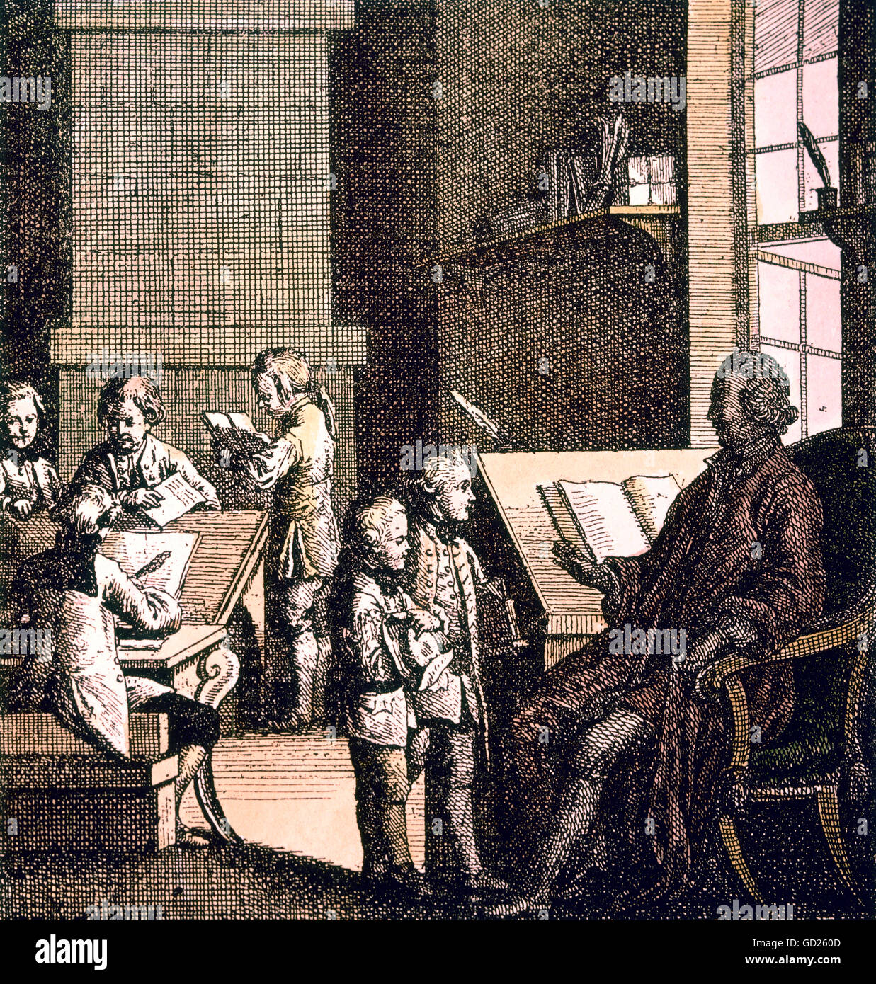 La educación, la experiencia, el profesor en un escritorio, grabado en cobre por J. R. Schellenberg, coloreado, 1771, Copyright del artista no ha de ser borrado Foto de stock