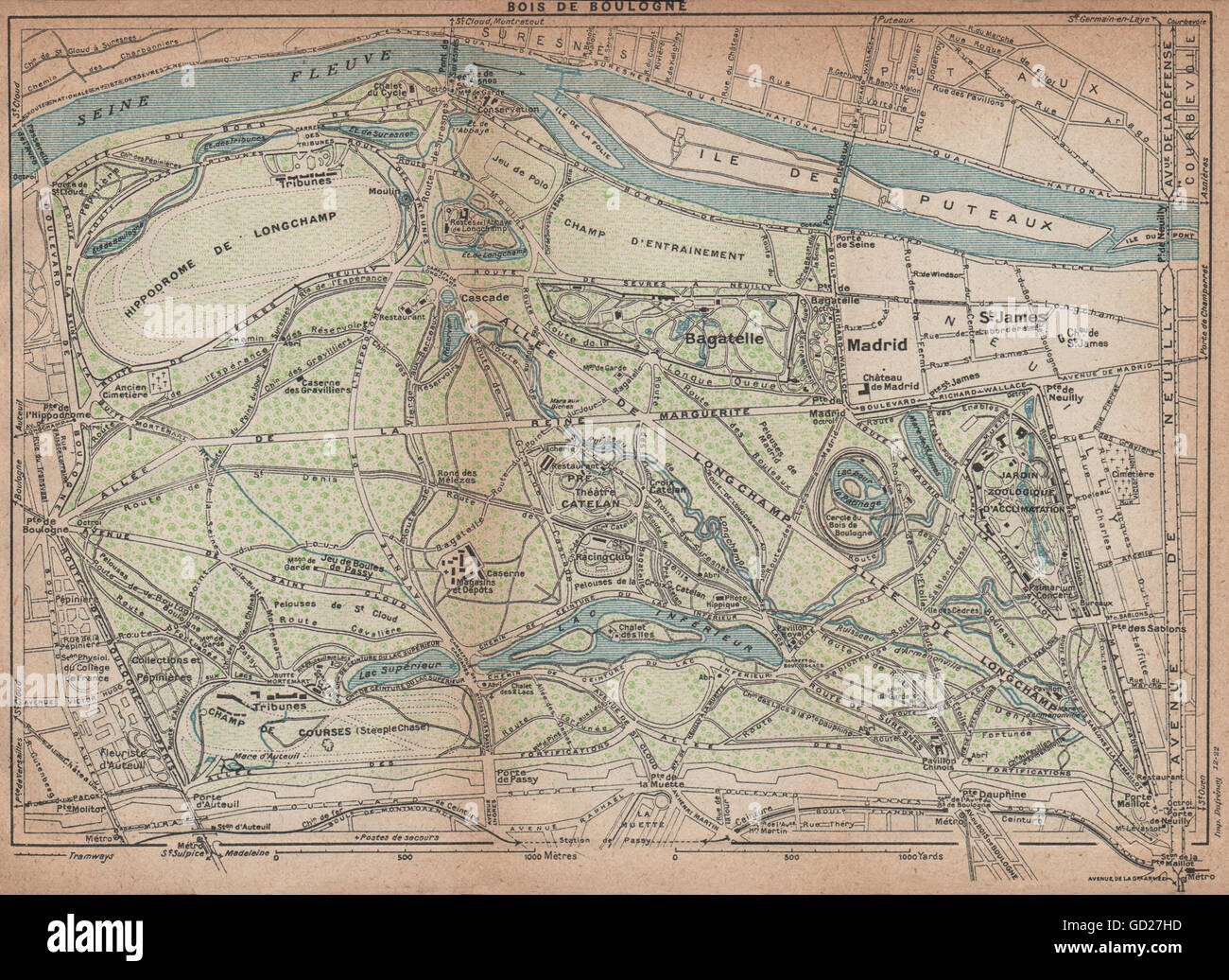 El Bois de Boulogne. Plan mapa Vintage. París, 1922 Fotografía de stock Alamy