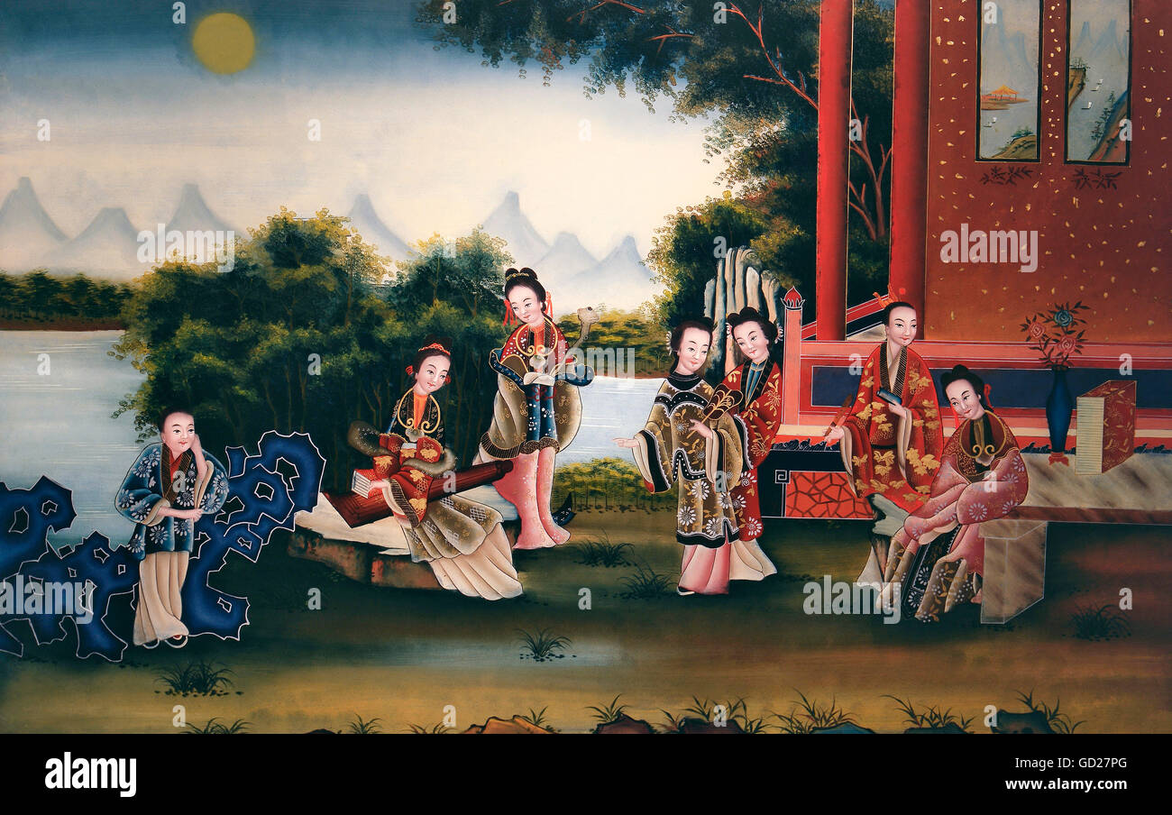 Bellas artes, pintura, invierta la pintura sobre vidrio, siete damas en un jardín, en el fondo de un lago en la montaña, China, a finales del siglo XIX, el museo textil de Bellas artes, pintura, invierta la pintura sobre vidrio, siete damas en un jardín, en el fondo de un lago en la montaña, China, a finales del siglo XIX, el museo textil de