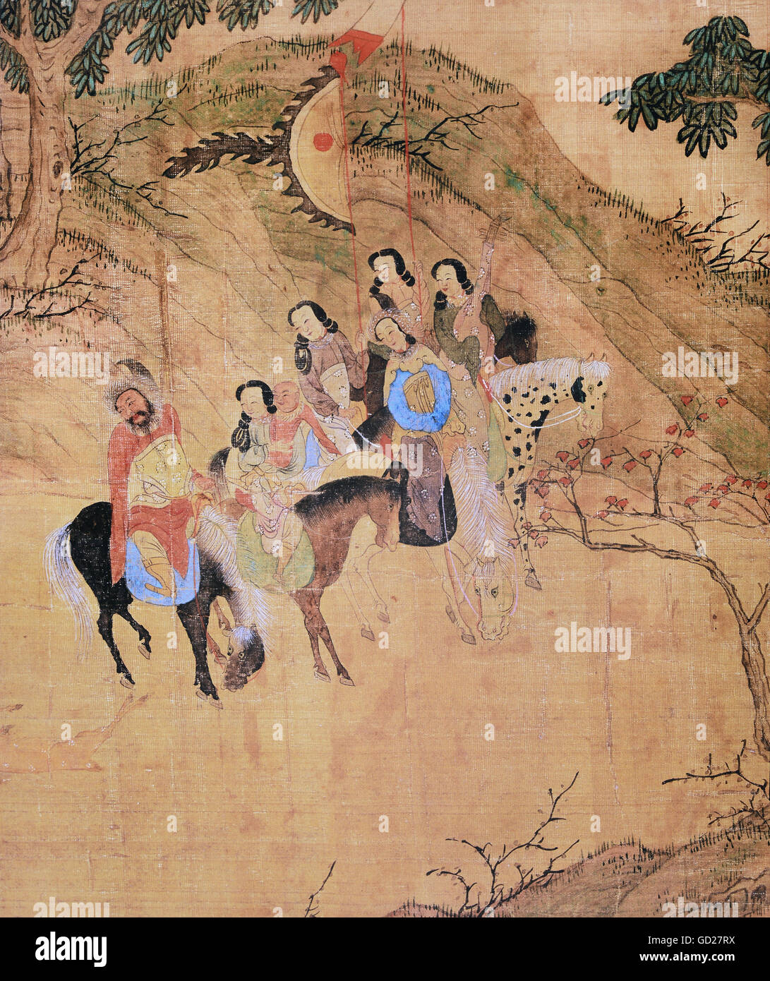 Las bellas artes, la pintura, el emperador Temur en la caza, 308 x 42 cm,  detalle, desplácese a la pintura sobre seda, circa 1300, colección privada,  los derechos de autor del artista