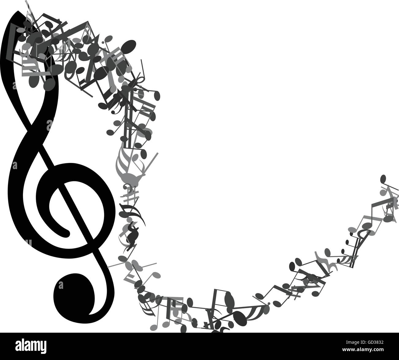 En blanco y negro diseño musical del pentagrama elementos con clef agudo y notas. Aislado en