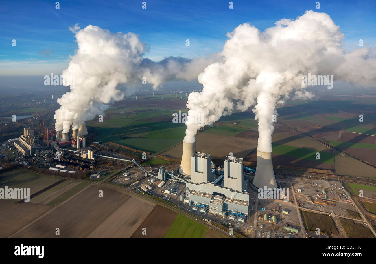 Vista aérea de la planta de energía de carbón marrón, humo, vapor, alimentación, vista aérea de Grevenbroich, Bajo Rhin, Renania del Norte Westfalia, Foto de stock