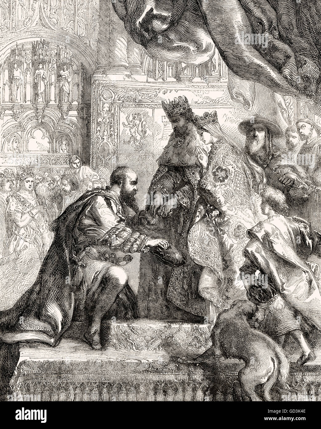 Cristóbal Colón y los monarcas Fernando II de Aragón e Isabel I de Castilla, 1486 Foto de stock