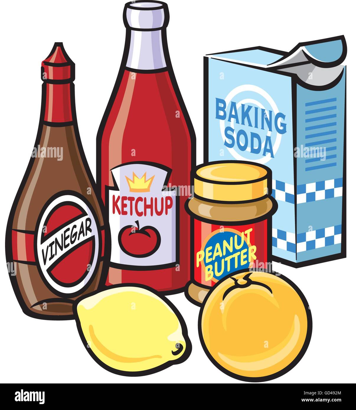 Botellas de vinagre y salsa de tomate, mantequilla de maní, caja de  bicarbonato de sodio y limón Fotografía de stock - Alamy