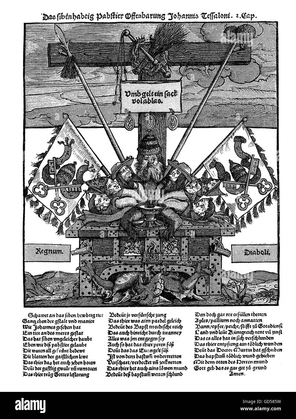 Xilografía flyer desde la reforma protestante (siglo XV) contra las prácticas católicas de indulgencia, como a menudo se distribuyó durante la Reforma. Foto de stock