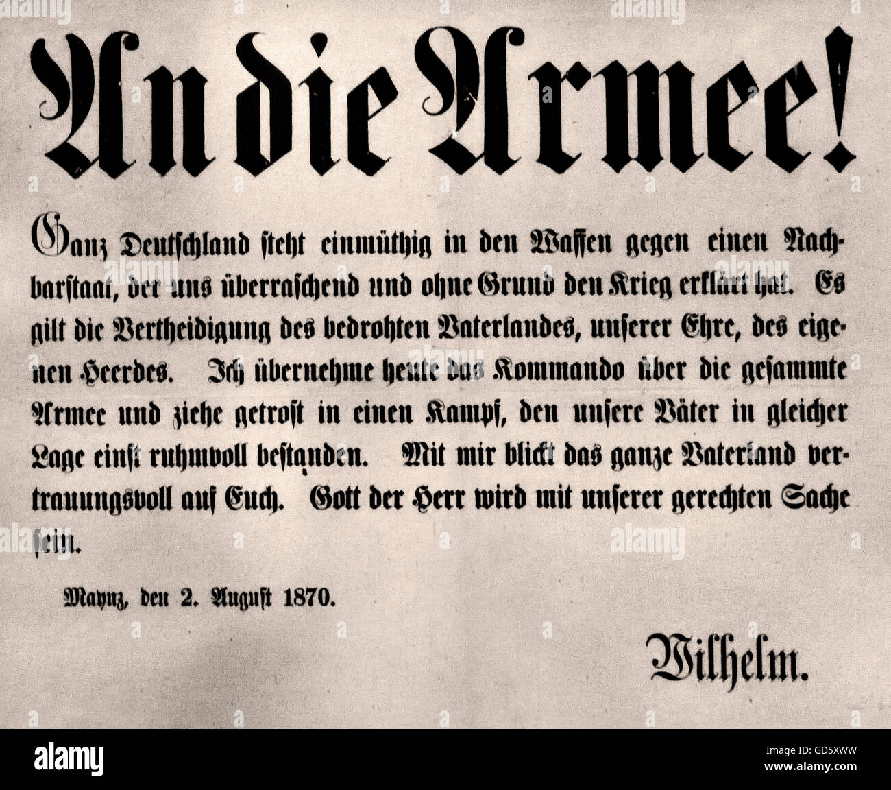 An die Armee 1870 Guillermo I ( Wilhelm Friedrich Ludwig 1797 - 1888 de la casa de Hohenzollern fue el rey de Prusia ( 1861 - 1888) y el primer emperador alemán primer Jefe de Estado de una Alemania unida ) Foto de stock