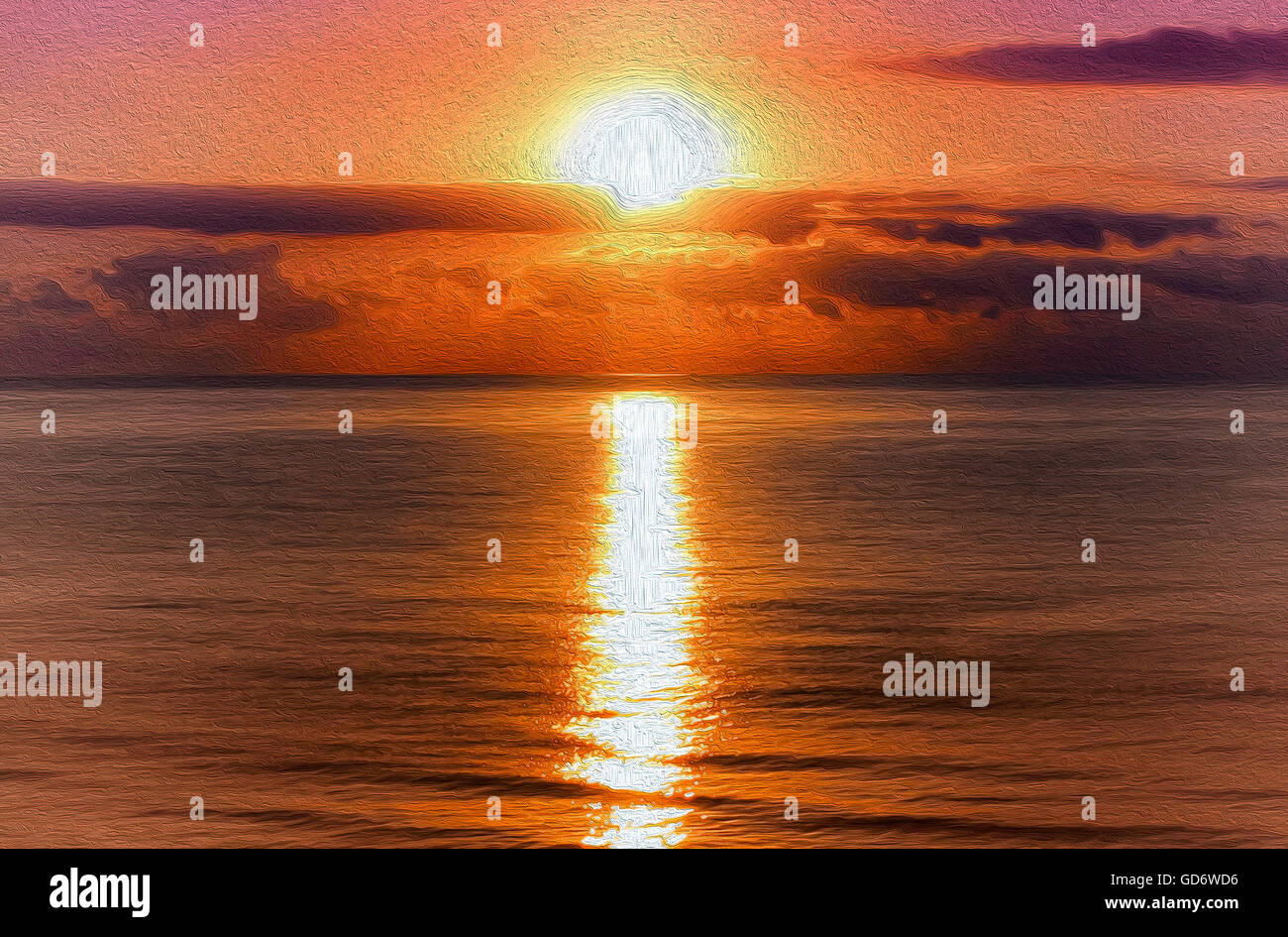 Pintura al óleo. Paisaje del mar Mediterráneo. Increíble amanecer de Benicasim, España, en el verano del final de temporada. Foto de stock