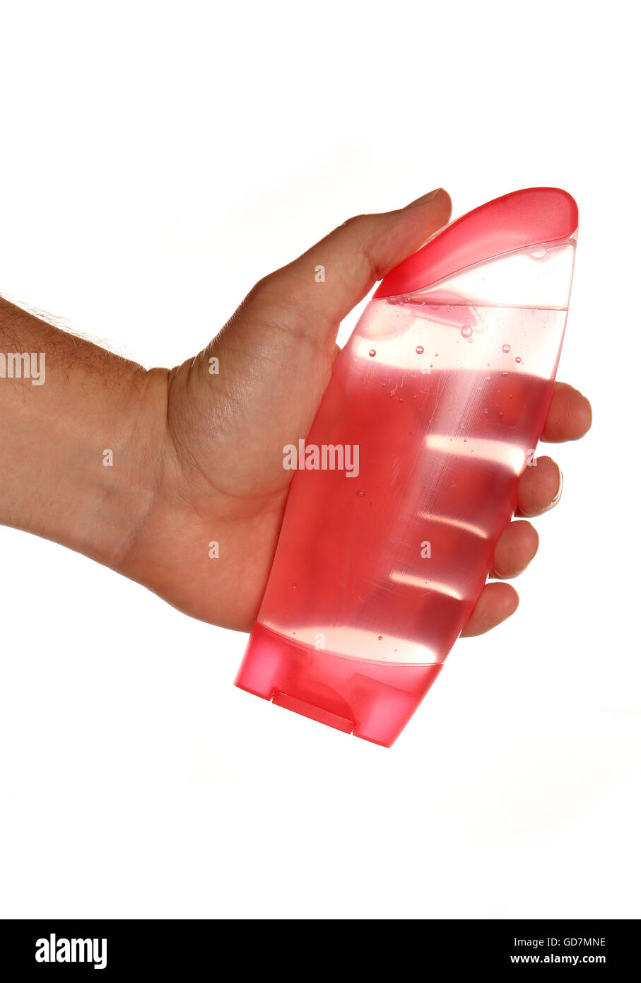 Gel de ducha rosa mano sujetando el recorte Foto de stock