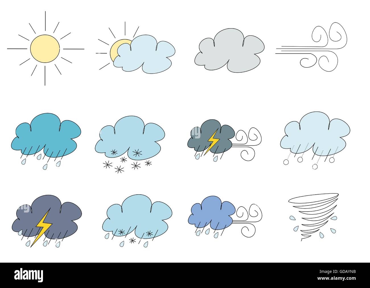 Clima simplista ilustraciones soleado, nublado, viento, lluvia, nieve, tormentas con vientos Clima simplista ilustraciones soleado, nublado, viento, lluvia, nieve, tormentas con vientos