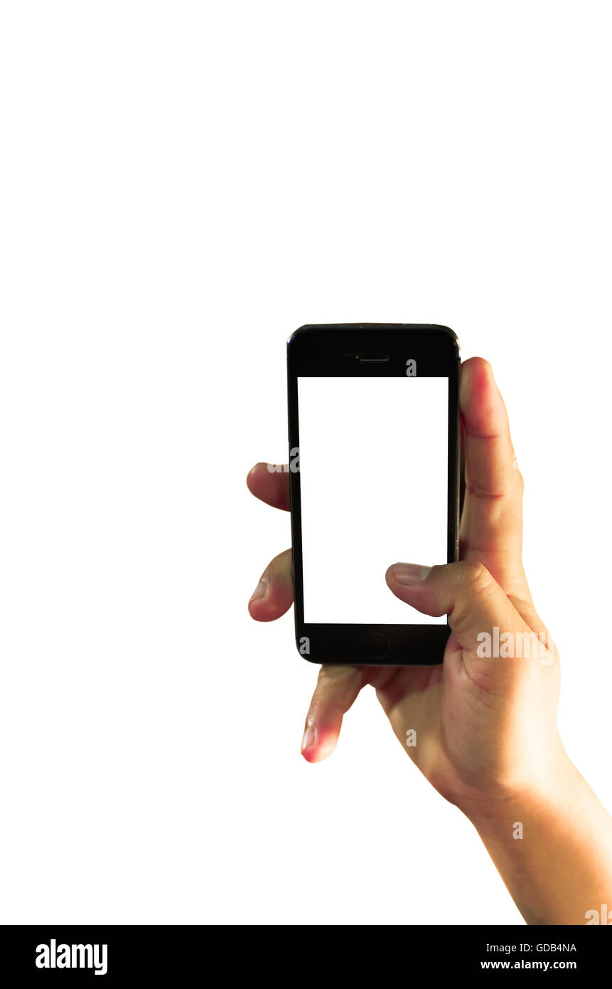 Teléfono móvil de pantalla táctil en la mano Foto de stock