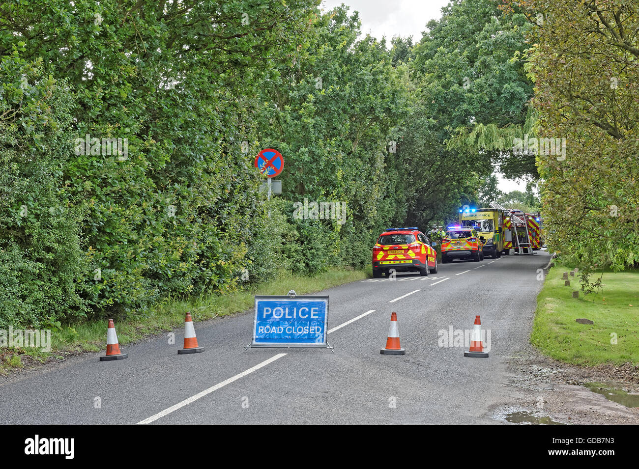 La escena de un accidente de tráfico en una carretera rural en el Reino Unido. Asistir a los servicios de emergencia. Foto de stock