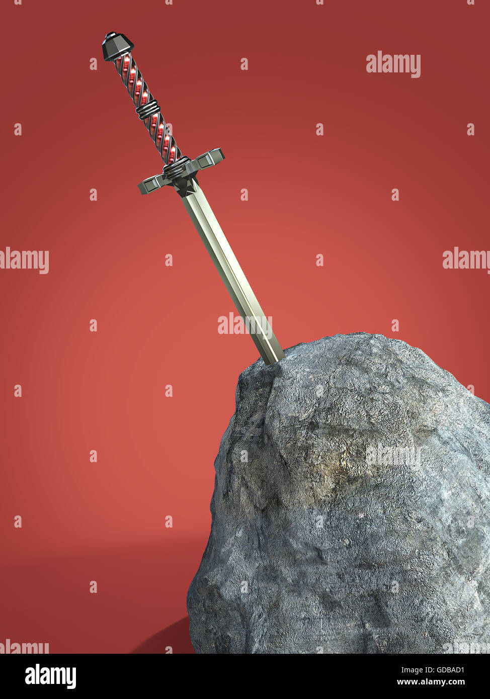 Espada Excalibur del Rey Arturo pegada en la roca Piedra render aislados.  metáfora del candidato solicitante test Fotografía de stock - Alamy