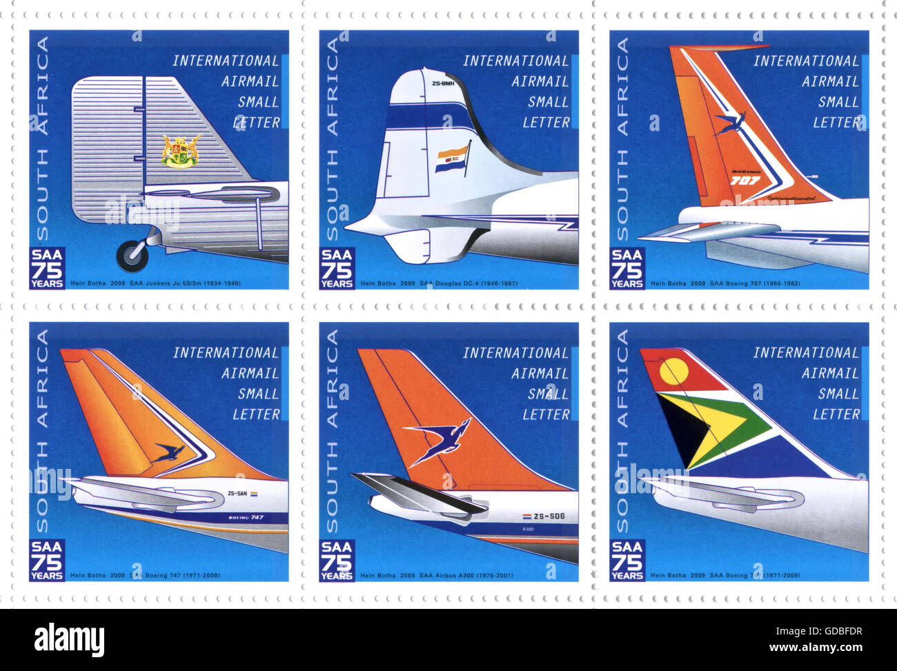 Sudáfrica - circa 1934 a 2009: sello impreso por Sudáfrica muestra una colección SAA Airways avión tails diseña circa 1934 t Foto de stock